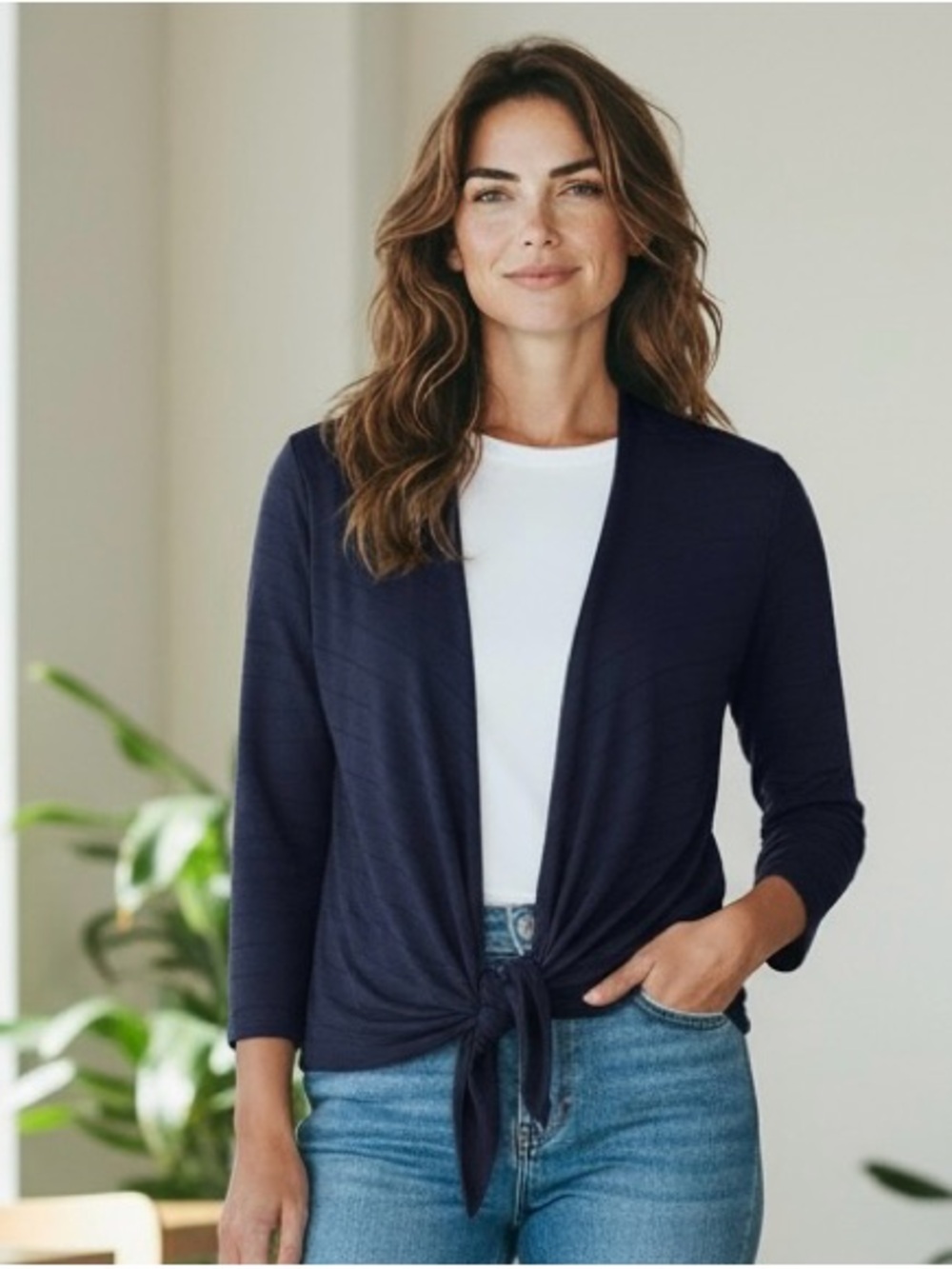 NWOT Chico's Easy Wear Bottom Tie 3/4 Sleeve Heavy Weight Sheer Cardigan Size 2